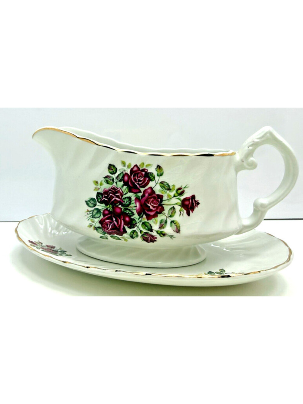 Vtg Elegant White Red Rose Gravy Boat Saucer Wood & Sons Rosewood China